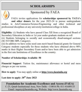 FAEA Scholarship 2023-24 : 12वीं पास छात्र-छात्राओं को मिलेगी 10000 से 15000 तक छात्रवृत्ति यहां से करें आवेदन अप्लाई