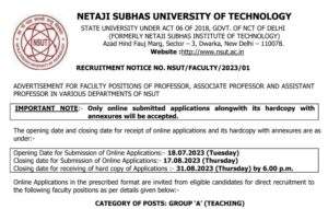 nsut recruitment assistant professor 2023: 322 पदों पर निकली भर्ती Graduation BE B.tech M.com वालें करें आवेदन