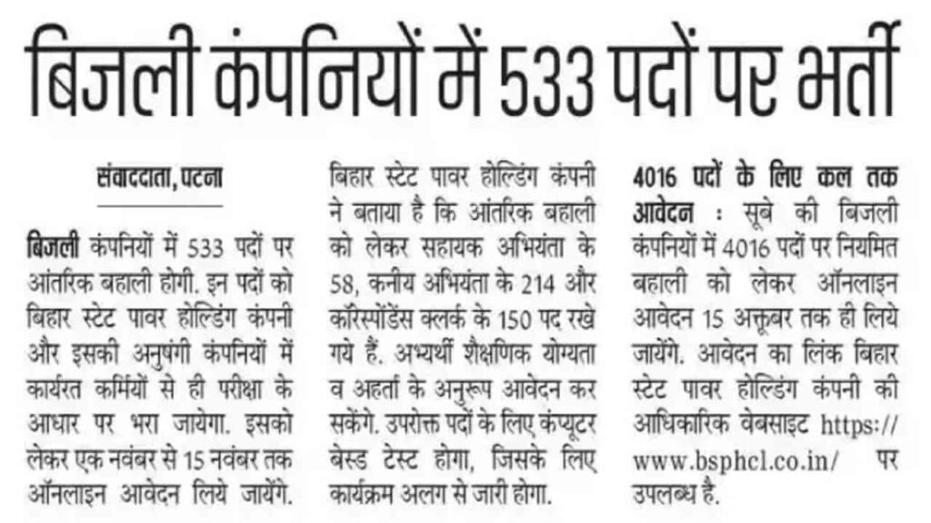 BSPHCL New Vacancy 2024 - बिजली विभाग में 533 अतिरिक्त पदों पर भर्ती के लिए आवेदन की प्रक्रिया 1 नवंबर से शुरू, इन विभागों में ली जाएगी भर्ती BSPHCL New Vacancy 2024